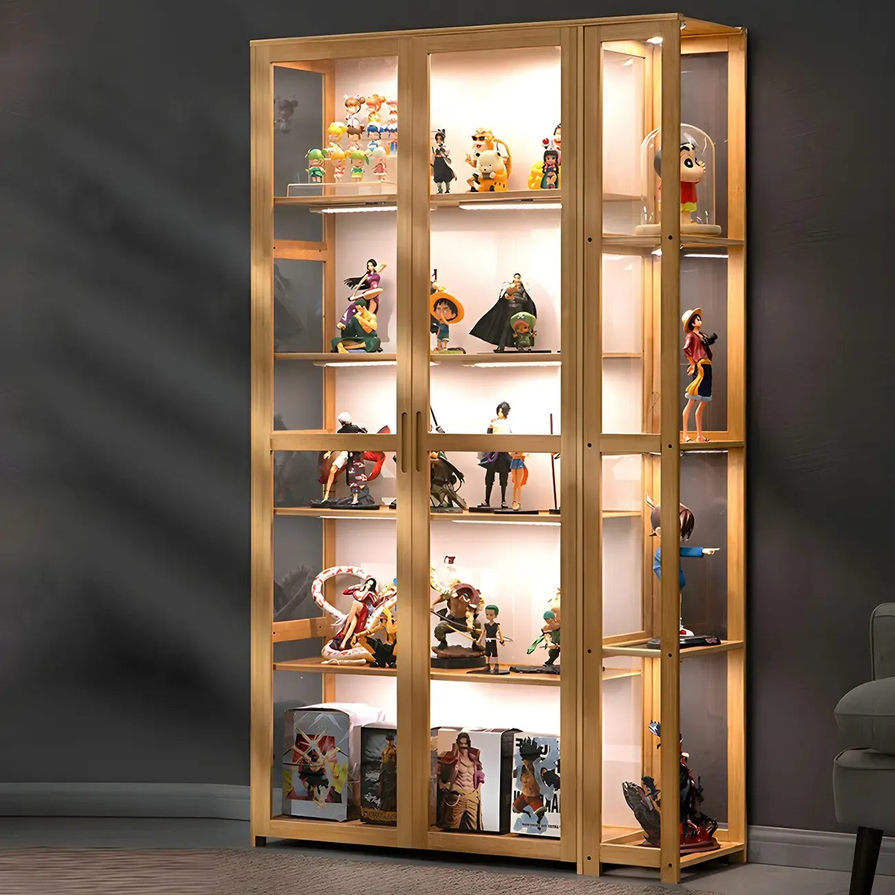 Vitrine de présentation ouverte en bambou et verre, 7 étagères, couleur beige