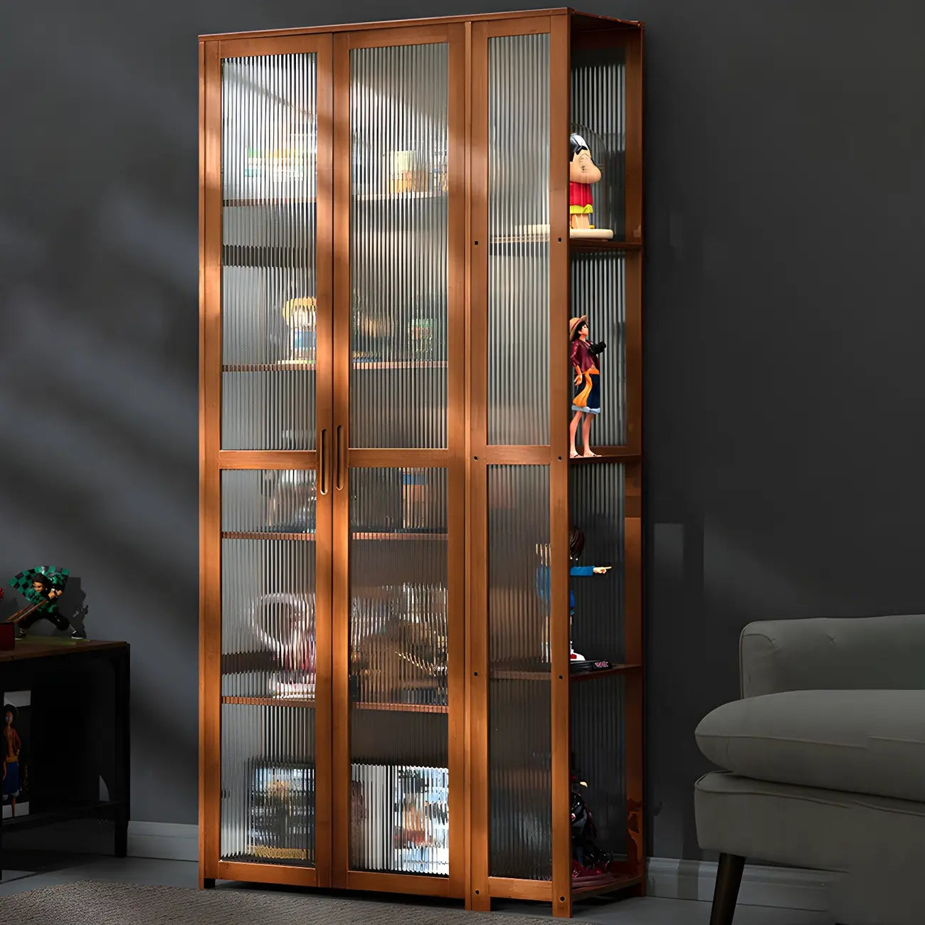Vitrine de présentation ouverte en bambou et verre, 7 étagères, couleur beige