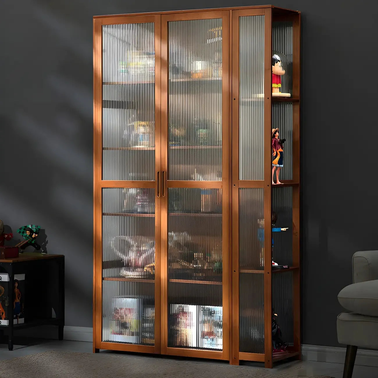Vitrine de présentation ouverte en bambou et verre, 7 étagères, couleur beige