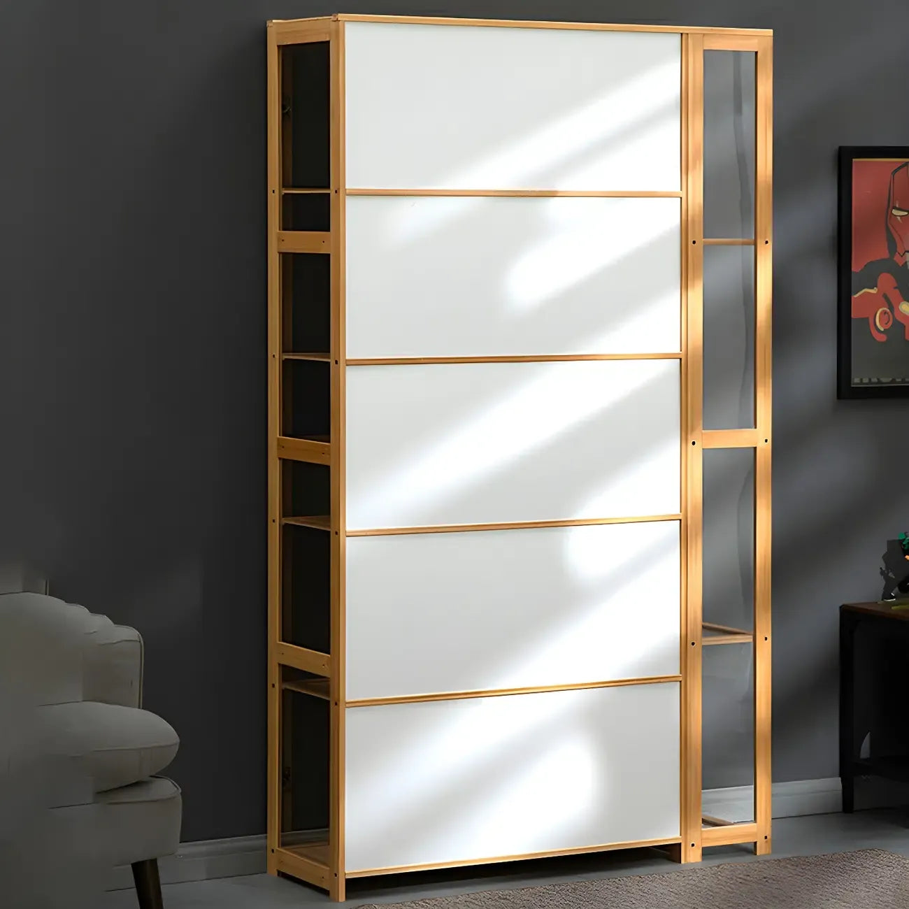 Vitrine de présentation ouverte en bambou et verre, 7 étagères, couleur beige