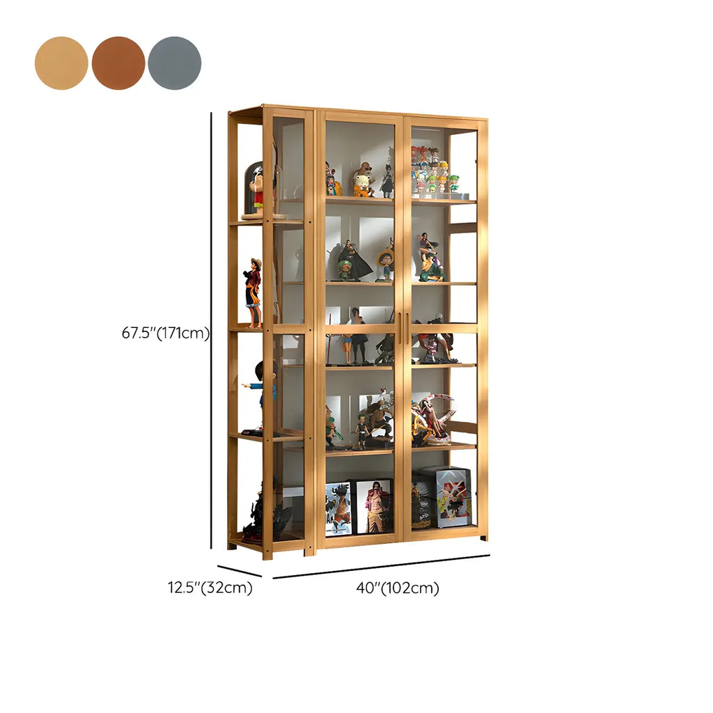 Vitrine de présentation ouverte en bambou et verre, 7 étagères, couleur beige