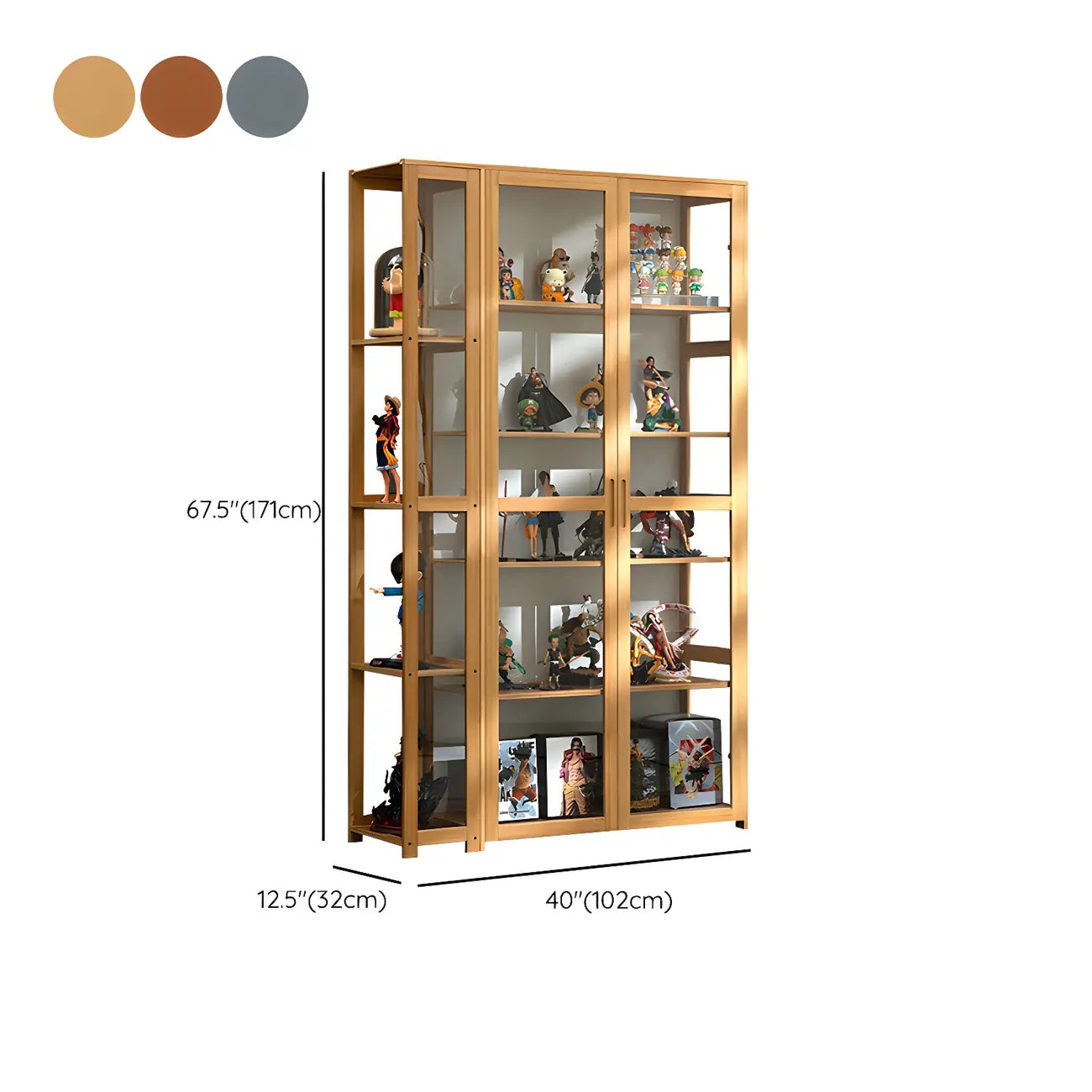 Vitrine de présentation ouverte en bambou et verre, 7 étagères, couleur beige