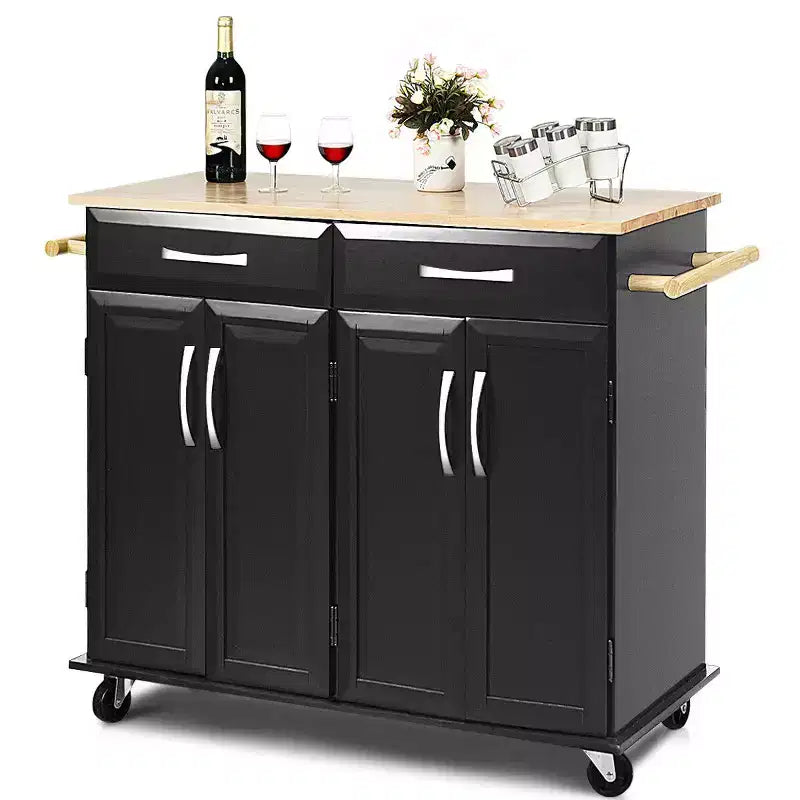 Costway Rolling Kitchen Trolley Island Black Cart Wood Top Storage Cabinet Utility W/ Drawers