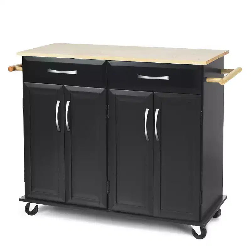Chariot de Cuisine Roulant Costway - Îlot Noir avec Plan de Travail en Bois, Meuble de Rangement Utilitaire avec Tiroirs