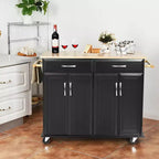 Chariot de Cuisine Roulant Costway - Îlot Noir avec Plan de Travail en Bois, Meuble de Rangement Utilitaire avec Tiroirs