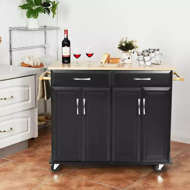Chariot de Cuisine Roulant Costway - Îlot Noir avec Plan de Travail en Bois, Meuble de Rangement Utilitaire avec Tiroirs