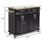 Chariot de Cuisine Roulant Costway - Îlot Noir avec Plan de Travail en Bois, Meuble de Rangement Utilitaire avec Tiroirs
