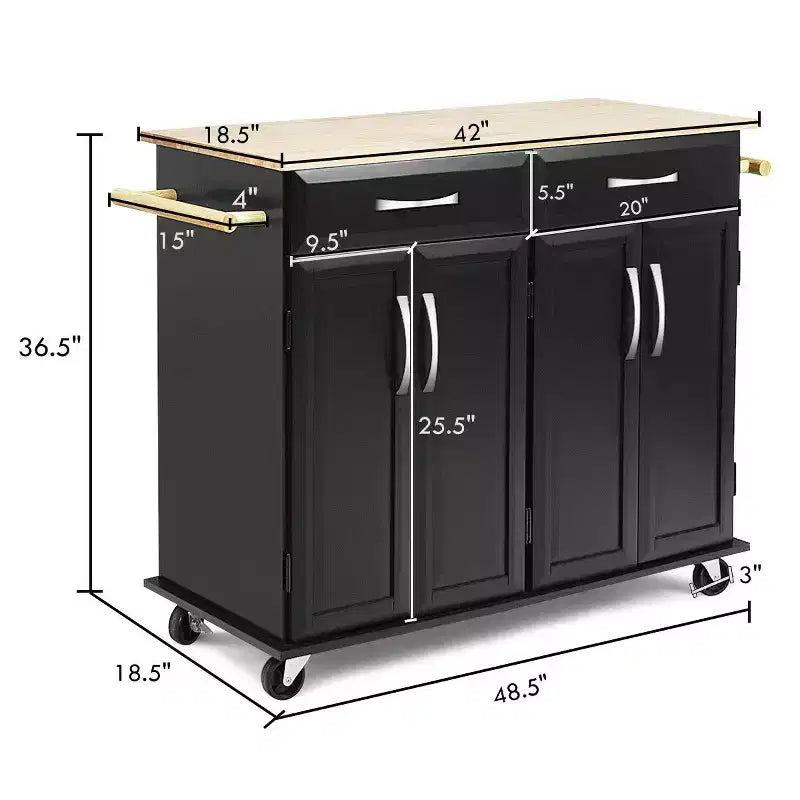 Chariot de Cuisine Roulant Costway - Îlot Noir avec Plan de Travail en Bois, Meuble de Rangement Utilitaire avec Tiroirs