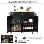 Chariot de Cuisine Roulant Costway - Îlot Noir avec Plan de Travail en Bois, Meuble de Rangement Utilitaire avec Tiroirs
