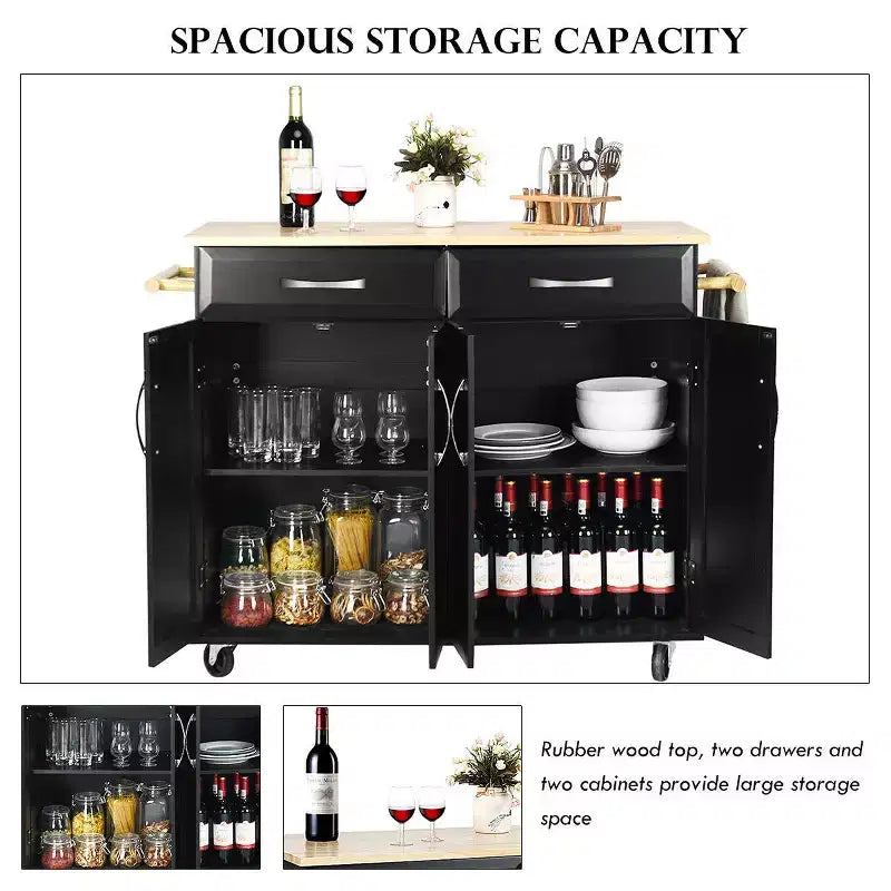 Chariot de Cuisine Roulant Costway - Îlot Noir avec Plan de Travail en Bois, Meuble de Rangement Utilitaire avec Tiroirs