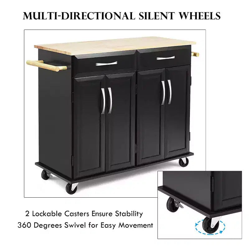 Chariot de Cuisine Roulant Costway - Îlot Noir avec Plan de Travail en Bois, Meuble de Rangement Utilitaire avec Tiroirs