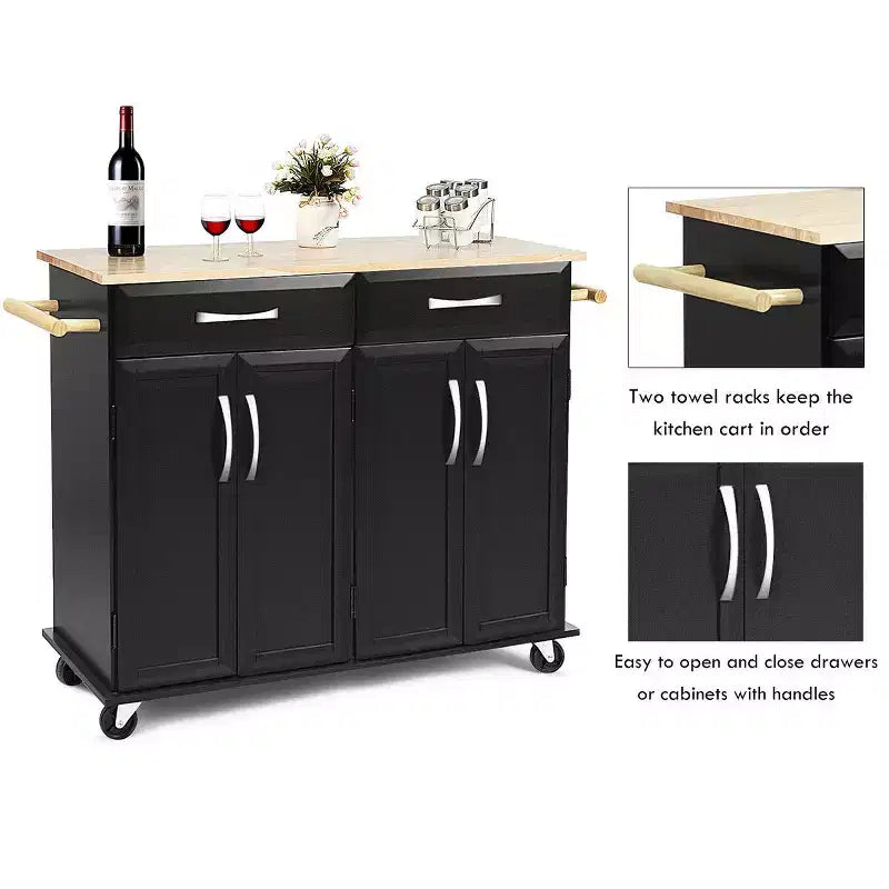 Chariot de Cuisine Roulant Costway - Îlot Noir avec Plan de Travail en Bois, Meuble de Rangement Utilitaire avec Tiroirs