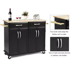 Chariot de Cuisine Roulant Costway - Îlot Noir avec Plan de Travail en Bois, Meuble de Rangement Utilitaire avec Tiroirs
