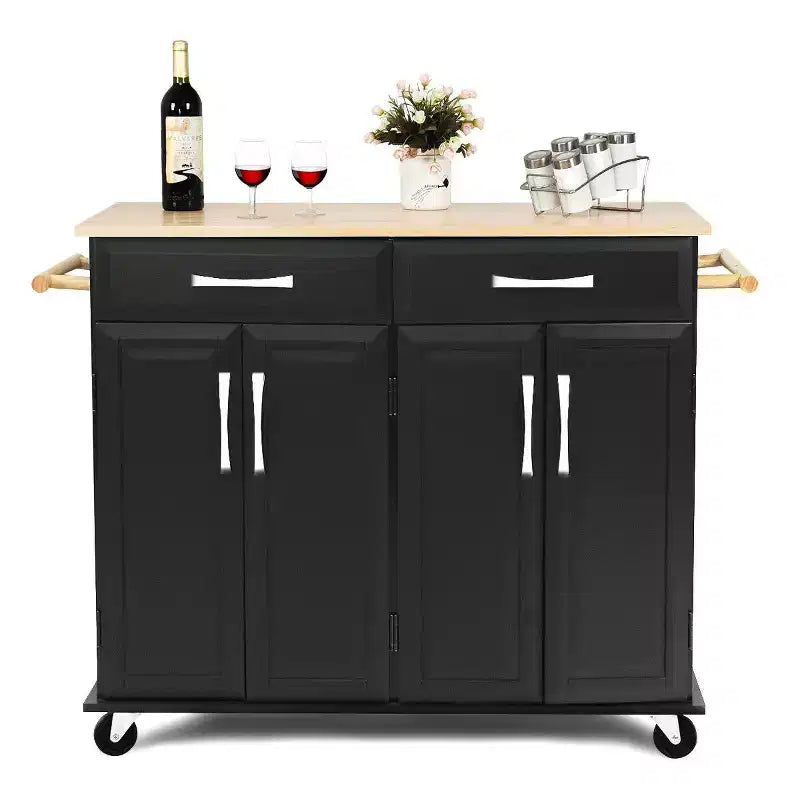 Chariot de Cuisine Roulant Costway - Îlot Noir avec Plan de Travail en Bois, Meuble de Rangement Utilitaire avec Tiroirs