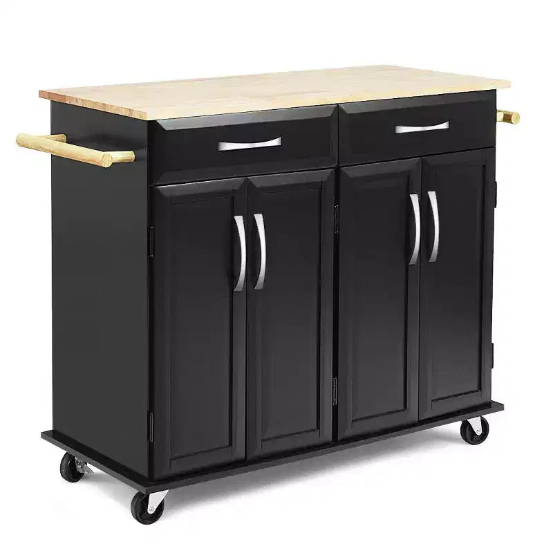 Chariot de Cuisine Roulant Costway - Îlot Noir avec Plan de Travail en Bois, Meuble de Rangement Utilitaire avec Tiroirs