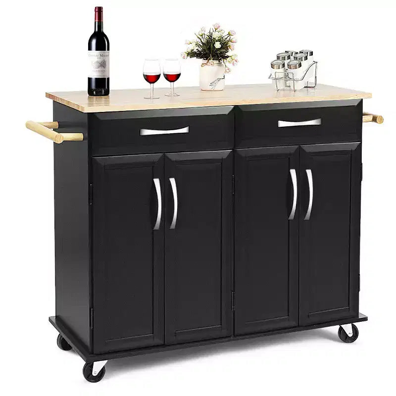 Chariot de Cuisine Roulant Costway - Îlot Noir avec Plan de Travail en Bois, Meuble de Rangement Utilitaire avec Tiroirs