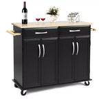 Chariot de Cuisine Roulant Costway - Îlot Noir avec Plan de Travail en Bois, Meuble de Rangement Utilitaire avec Tiroirs