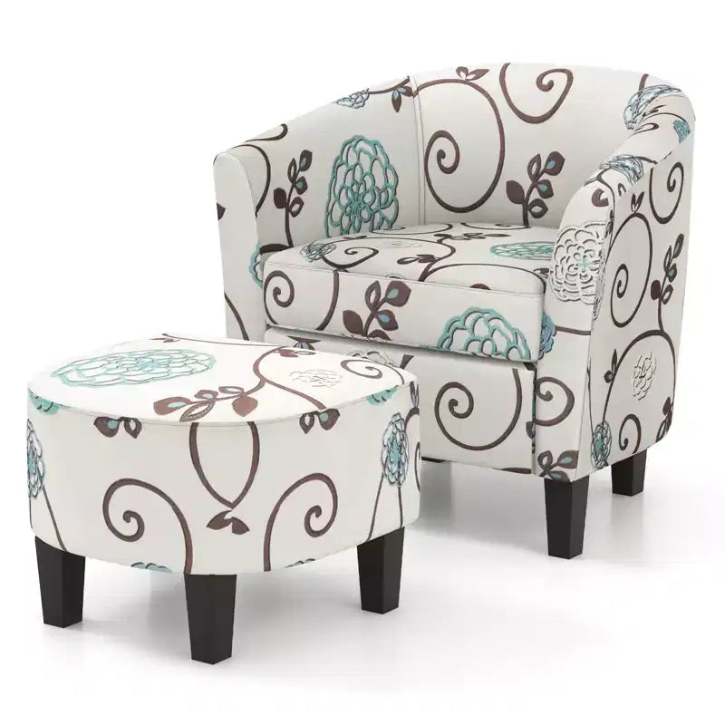 Costway Fauteuil club moderne avec accoudoirs incurvés en tissu imprimé français et pouf, motif floral gris