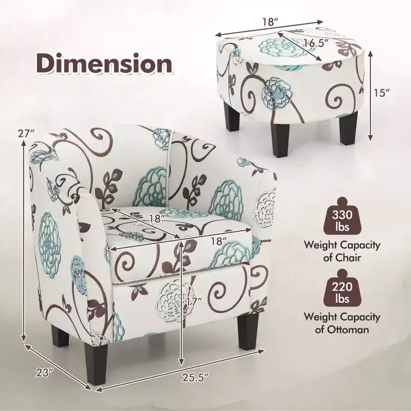 Costway Fauteuil club moderne avec accoudoirs incurvés en tissu imprimé français et pouf, motif floral gris