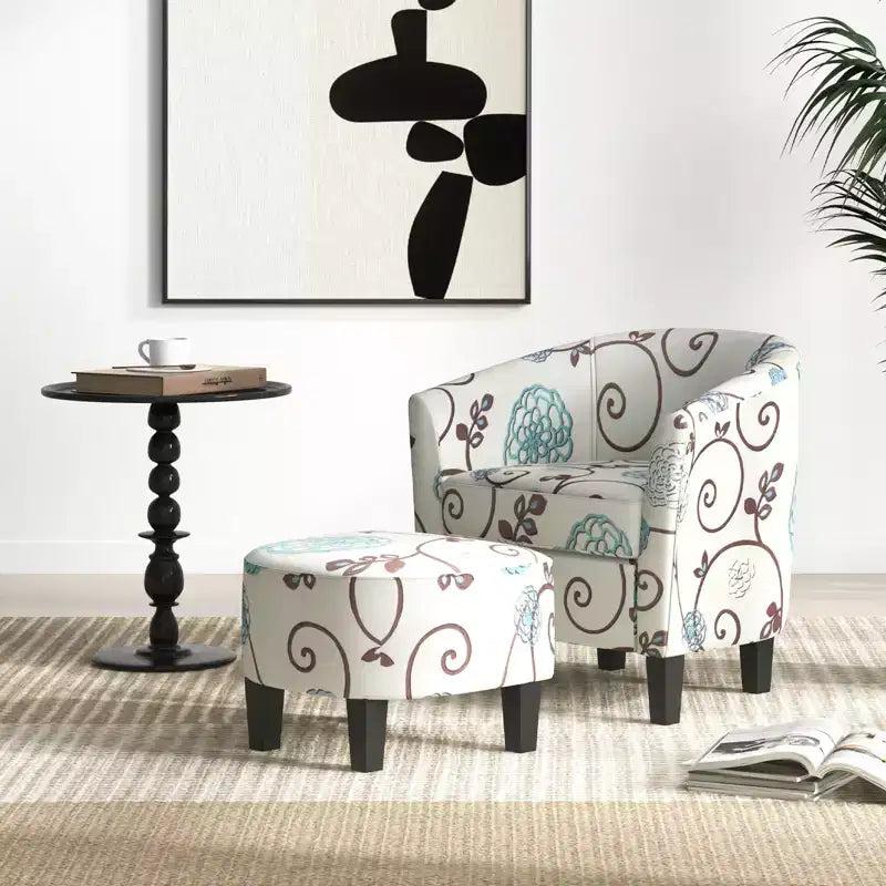 Costway Fauteuil club moderne avec accoudoirs incurvés en tissu imprimé français et pouf, motif floral gris