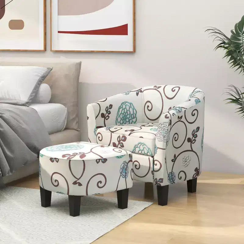 Costway Fauteuil club moderne avec accoudoirs incurvés en tissu imprimé français et pouf, motif floral gris