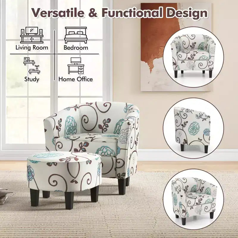 Costway Fauteuil club moderne avec accoudoirs incurvés en tissu imprimé français et pouf, motif floral gris