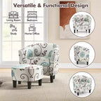 Costway Fauteuil club moderne avec accoudoirs incurvés en tissu imprimé français et pouf, motif floral gris