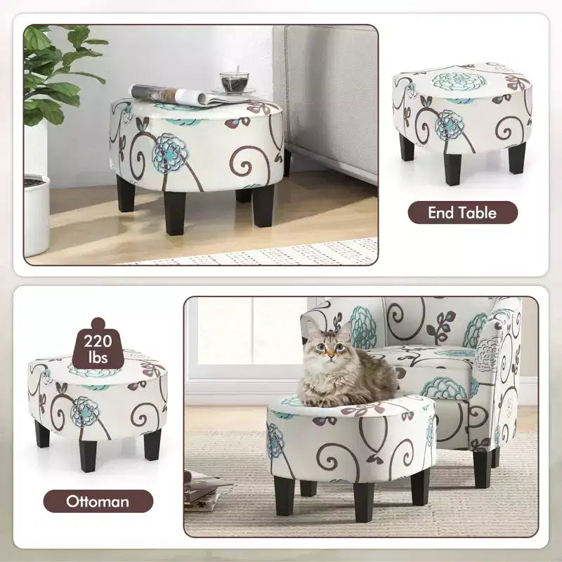 Costway Fauteuil club moderne avec accoudoirs incurvés en tissu imprimé français et pouf, motif floral gris