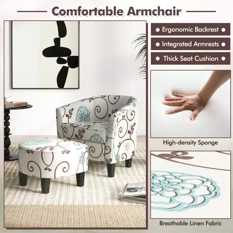 Costway Fauteuil club moderne avec accoudoirs incurvés en tissu imprimé français et pouf, motif floral gris