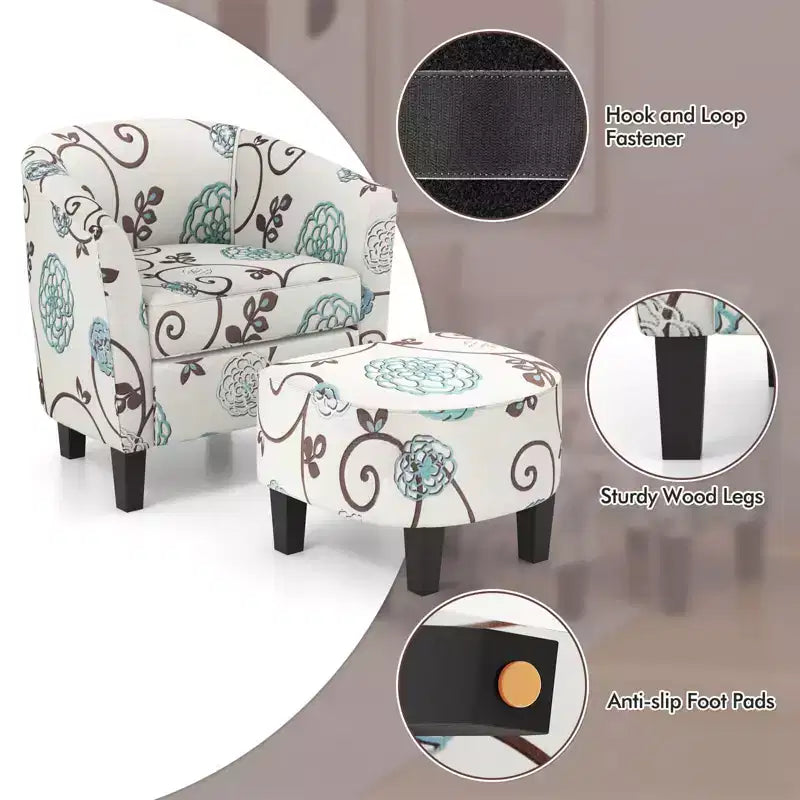 Costway Fauteuil club moderne avec accoudoirs incurvés en tissu imprimé français et pouf, motif floral gris