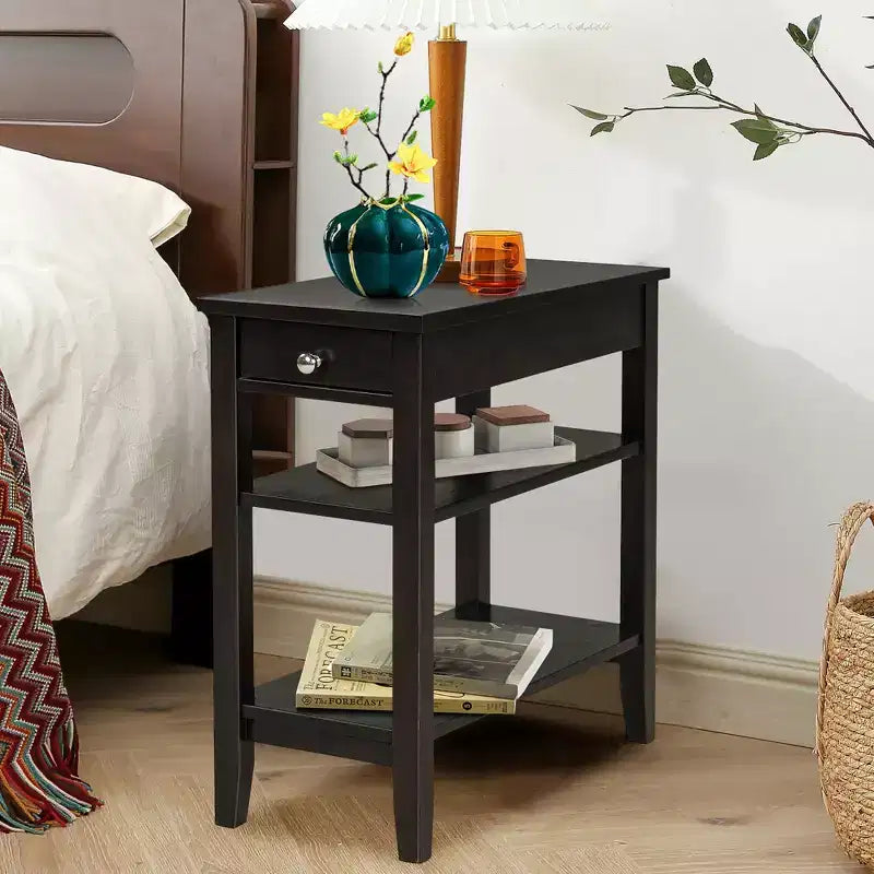 Table d'appoint à 3 niveaux Costway avec tiroir, double étagère, table de nuit étroite, expresso/noir