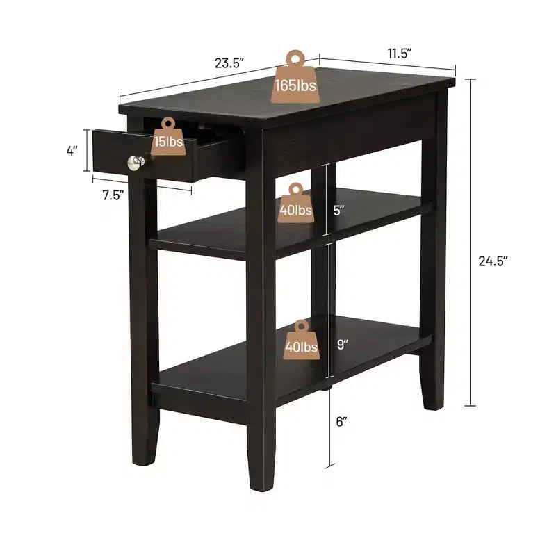 Table d'appoint à 3 niveaux Costway avec tiroir, double étagère, table de nuit étroite, expresso/noir
