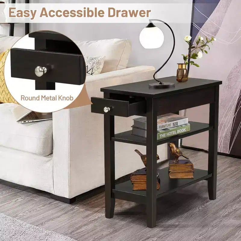 Table d'appoint à 3 niveaux Costway avec tiroir, double étagère, table de nuit étroite, expresso/noir