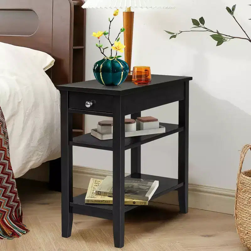 Table d'appoint à 3 niveaux Costway avec tiroir, double étagère, table de nuit étroite, expresso/noir