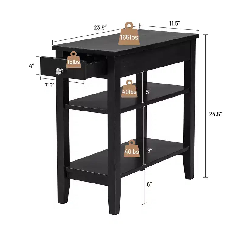 Table d'appoint à 3 niveaux Costway avec tiroir, double étagère, table de nuit étroite, expresso/noir
