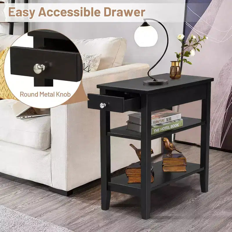 Table d'appoint à 3 niveaux Costway avec tiroir, double étagère, table de nuit étroite, expresso/noir