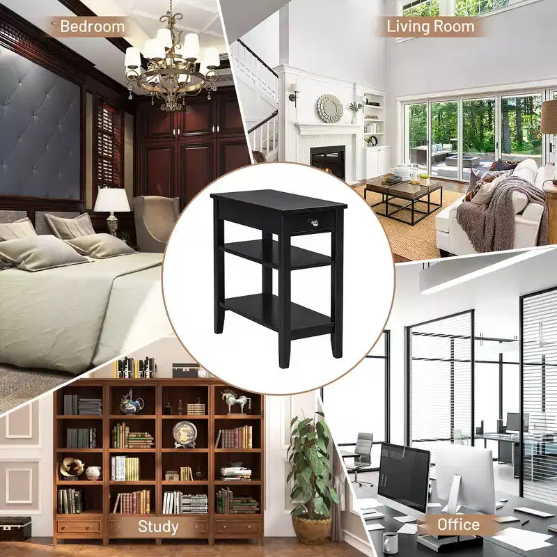 Table d'appoint à 3 niveaux Costway avec tiroir, double étagère, table de nuit étroite, expresso/noir