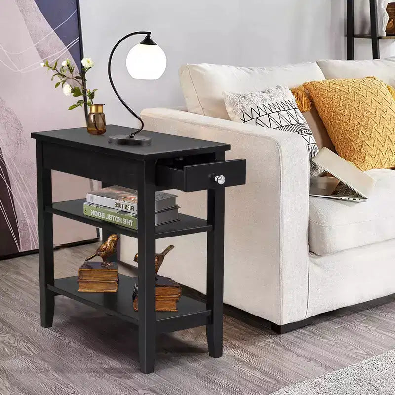 Table d'appoint à 3 niveaux Costway avec tiroir, double étagère, table de nuit étroite, expresso/noir