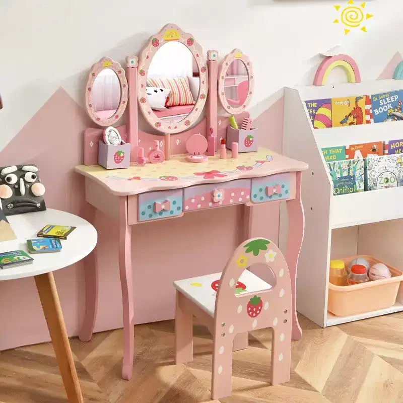 Costway Coiffeuse de Maquillage pour Enfants Princesse avec Tabouret et Miroir à Trois Volets Rose