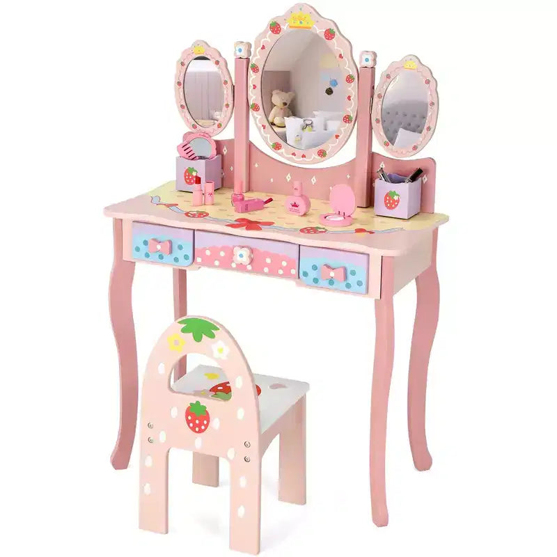 Costway Coiffeuse de Maquillage pour Enfants Princesse avec Tabouret et Miroir à Trois Volets Rose