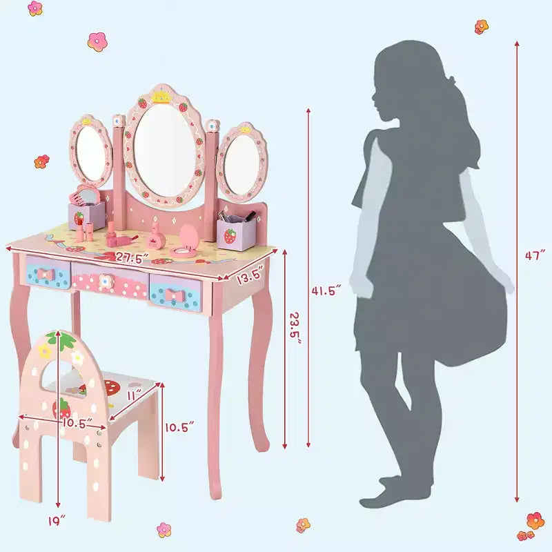 Costway Coiffeuse de Maquillage pour Enfants Princesse avec Tabouret et Miroir à Trois Volets Rose