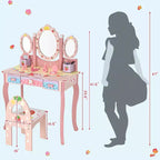Costway Coiffeuse de Maquillage pour Enfants Princesse avec Tabouret et Miroir à Trois Volets Rose