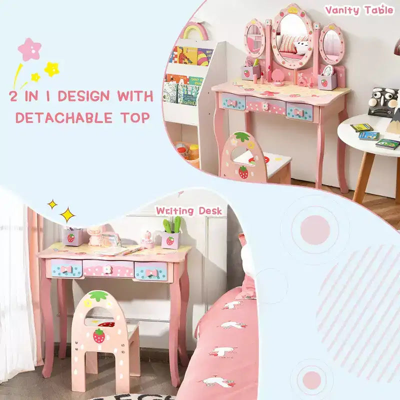 Costway Coiffeuse de Maquillage pour Enfants Princesse avec Tabouret et Miroir à Trois Volets Rose