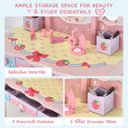 Costway Coiffeuse de Maquillage pour Enfants Princesse avec Tabouret et Miroir à Trois Volets Rose