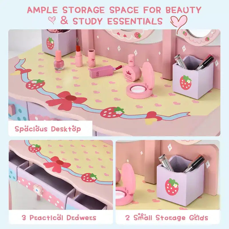 Costway Coiffeuse de Maquillage pour Enfants Princesse avec Tabouret et Miroir à Trois Volets Rose