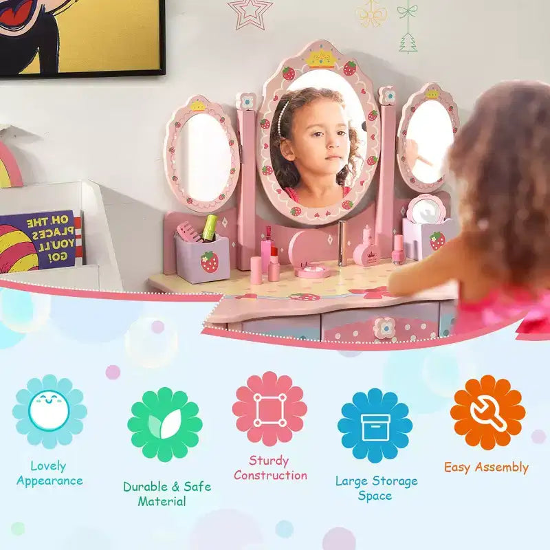 Costway Coiffeuse de Maquillage pour Enfants Princesse avec Tabouret et Miroir à Trois Volets Rose