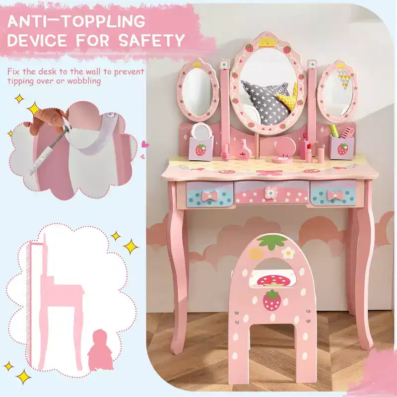 Costway Coiffeuse de Maquillage pour Enfants Princesse avec Tabouret et Miroir à Trois Volets Rose