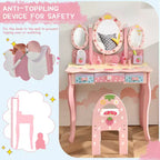 Costway Coiffeuse de Maquillage pour Enfants Princesse avec Tabouret et Miroir à Trois Volets Rose