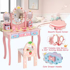 Costway Coiffeuse de Maquillage pour Enfants Princesse avec Tabouret et Miroir à Trois Volets Rose