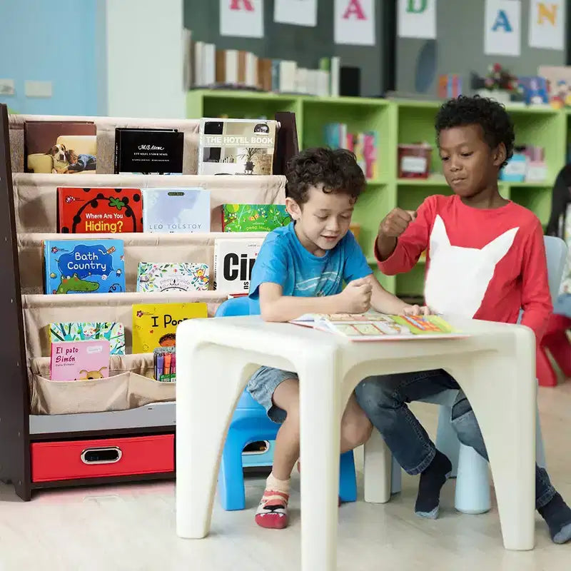 Organisateur de jouets et bibliothèque pour enfants Costway avec 4 bacs de rangement en tissu et 2 boîtes, expresso/beige